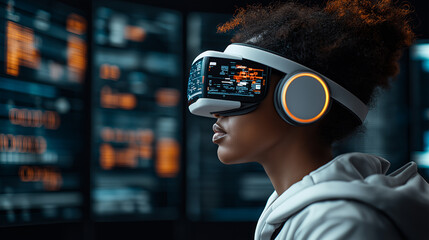 Aufkleber - woman wearing virtual reality headset engages with futuristic technology, surrounded by digital screens displaying data and graphics. scene conveys innovation and immersion