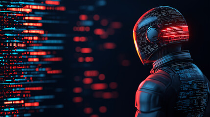Aufkleber - futuristic autonomous AI figure stands against backdrop of glowing data streams, showcasing blend of technology and innovation. vibrant colors evoke sense of advanced cybernetics