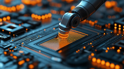 Aufkleber - robotic arm interacts with microchip on circuit board, showcasing advanced technology and innovation in electronics. glowing elements highlight intricate design