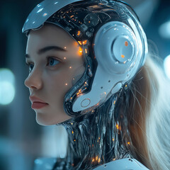 Aufkleber - futuristic humanoid robot with sleek design and glowing elements, showcasing advanced technology and artificial intelligence. blend of human features and robotic components evokes curiosity and