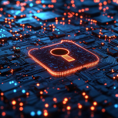Aufkleber - digital lock symbol on circuit board represents cybersecurity and data protection. glowing elements create futuristic atmosphere, emphasizing technology role in safeguarding information