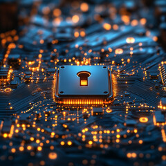 Leinwandbilder - digital lock symbol on circuit board represents cybersecurity and data protection. glowing elements convey sense of security and technology