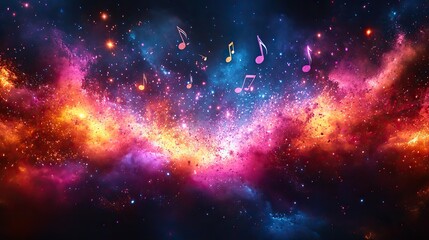 Wall Mural - vibrant cartoon explosion with musical notes and sparkles in blue, pink, and purple