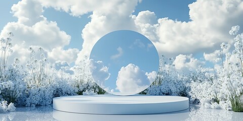 Wall Mural - a white and blue sky with clouds and a large white oval in the middle. the oval is surrounded by a f