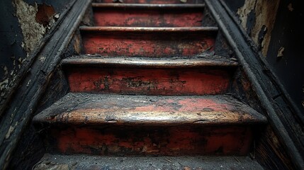 Worn wooden stairs ascend in the dimly lit interior of an old, abandoned home