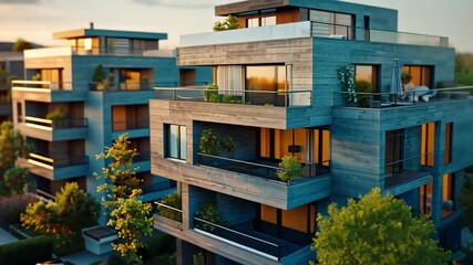 Poster - Luxurious estate features contemporary design with expansive balconies and large windows. The warm glow of sunset enhances the inviting atmosphere among lush landscaping.
