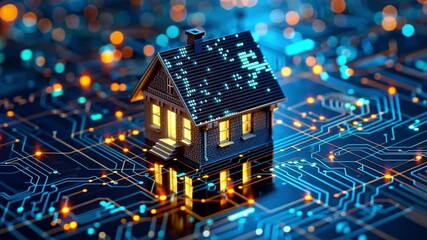 Poster - A miniature smart home stands illuminated on a circuit board, surrounded by glowing connections that symbolize the integration of technology and real estate.