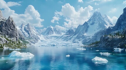 Stunning glacial lake nestled amidst snow-capped mountains under a bright blue sky.