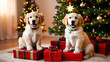 © Ai Creations - Two adorable Golden Retriever puppies sit on Christmas presents near a decorated tree