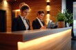 © smalltinykid - Professional hotel receptionists collaborating at front desk with warm lighting and sleek design