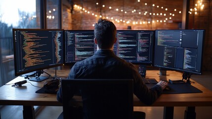 Programmer coding on multiple monitors in a modern loft office at night.