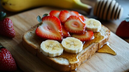 Wall Mural - Delicious toasted bread with fresh strawberries and bananas drizzled with honey