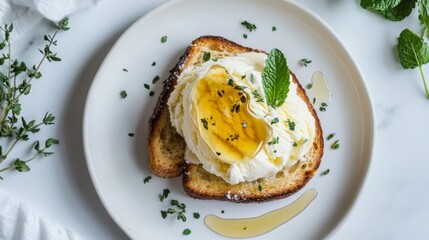 Wall Mural - Creamy Ricotta Toast with Honey, Herbs, and Mint Garnish