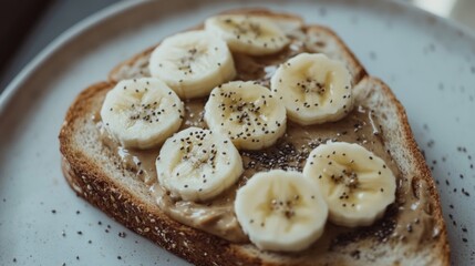 Wall Mural - Sliced Banana on Creamy Peanut Butter Toast on Wooden Table