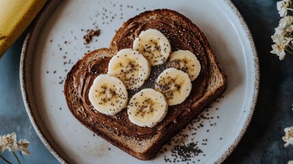 Wall Mural - Heart-Shaped Toast with Banana Slices and Chocolate Spread