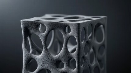 Fototapete - Abstract geometric structure with unique organic holes and textured surface, showcasing intricate design in a minimalist monochrome aesthetic for modern decor.