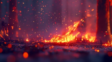 Fototapete - Fiery Forest Scene with Glowing Embers and Soft Smoke Effects