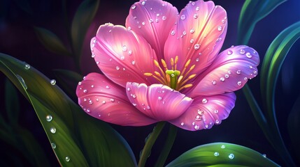 Aufkleber - Vibrant Pink Flower with Water Drops Against a Dark Background