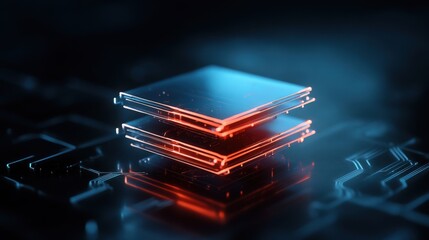 Poster - Futuristic Technology Concept with Layered Transparent Plates and Abstract Circuitry in a Blue and Red Color Scheme for Digital Innovation Imagery