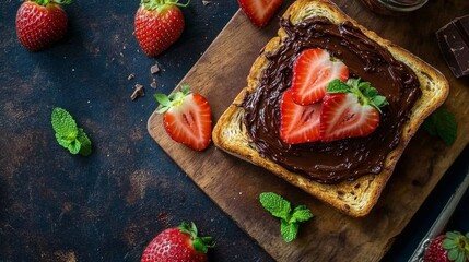 Wall Mural - Fresh Toast with Chocolate Spread and Strawberries on Wooden Board