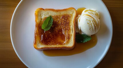 Wall Mural - Delicious Toast with Honey Drizzle and Ice Cream on a Plate