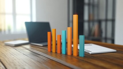 Aufkleber - Colorful Bar Graph on Table with Laptop and Notebook in Background