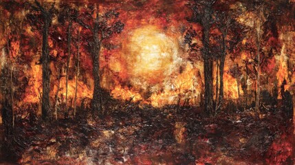 Fototapete - Abstract Landscape of Autumn Forest Fire in Vibrant Orange Tones