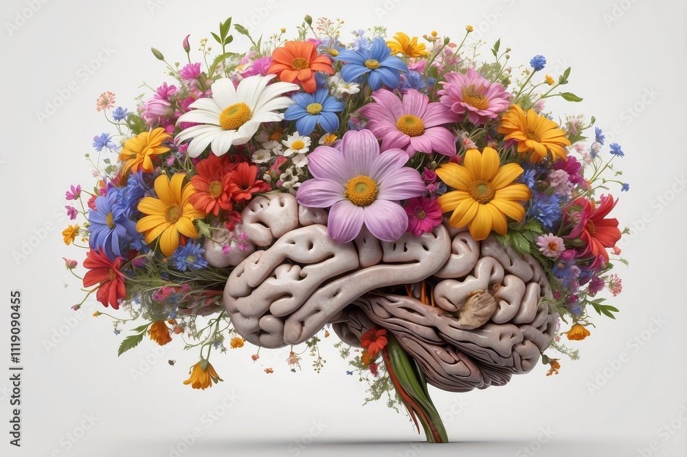 Colorful flowers blooming from a human brain, representing mental ...