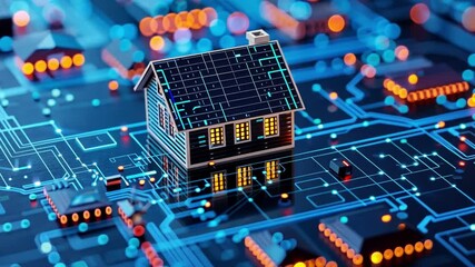 Aufkleber - This visual depicts a miniature house set against a backdrop of vibrant circuit patterns, illustrating the blend of artificial intelligence with real estate.