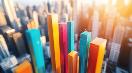 Aufkleber - Colorful Financial Graphs with City Skyline in Bright Sunset Light