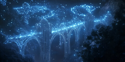 Sticker - Mystical Bridge of Light: A luminous bridge, shimmering with celestial energy, arcs across a dark sky, its intricate details illuminated by a cascade of ethereal light.