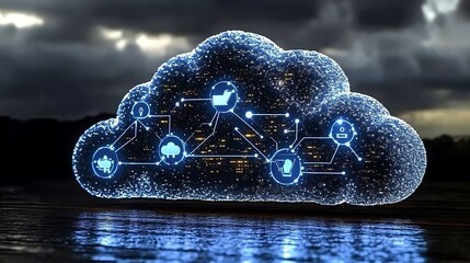 Futuristic cloud computing network concept with digital icons and connections.