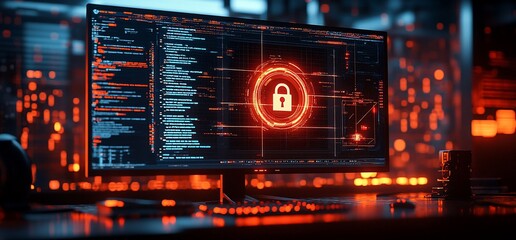 Cybersecurity concept computer screen displaying a padlock in a digital interface.