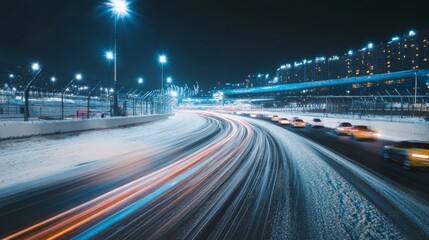 Poster - Nighttime City Street with Car Lights and Snowy Road Conditions