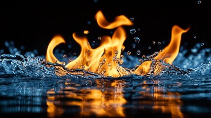 Poster - Vibrant Flames Emerge Above Sparkling Water Surface in Darkness