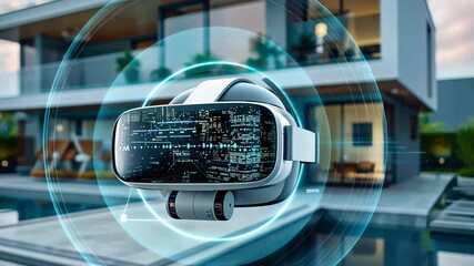 Aufkleber - A person engages with virtual reality technology featuring a sleek headset while relaxing by a stunning estate at sunset. The background showcases modern architecture and serene outdoor spaces.