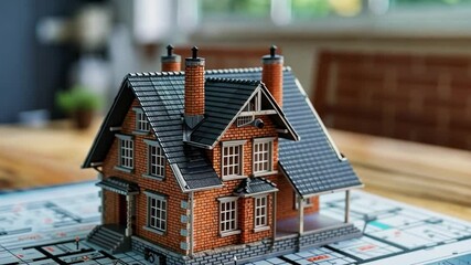 Poster - A meticulously crafted model of a charming estate is placed on a wooden tabletop. The intricate architecture features a combination of brick and slate, highlighting design elegance and craftsmanship.