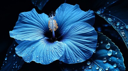 Aufkleber - Blue Hibiscus Flower with Water Drops on Dark Background
