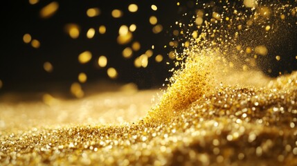 Poster - Close-Up of Golden Dust Particles in Motion Against Dark Background