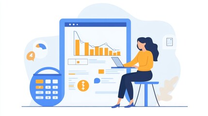 Aufkleber - Woman Analyzing Data on Laptop with Colorful Charts and Calculator