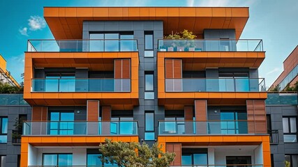 Poster - A stylish building featuring contemporary design elements and bright orange details stands in a busy city setting. The architecture is complemented by large glass balconies, enhancing its appeal.