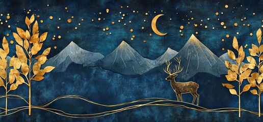 Wall Mural - a beautiful night sky with stars and a crescent moon, deer in the distance on hills covered by golde