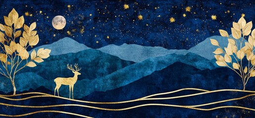 Wall Mural - a beautiful night sky with stars and a crescent moon, deer in the distance on hills covered by golde