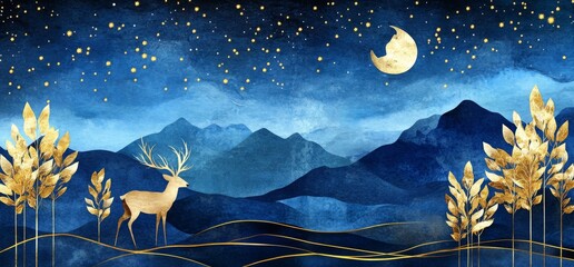 Wall Mural - a beautiful night sky with stars and a crescent moon, deer in the distance on hills covered by golde