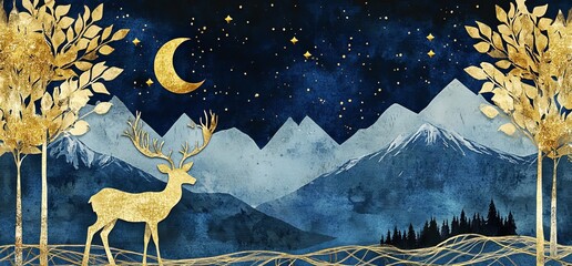 Wall Mural - a beautiful night sky with stars and a crescent moon, deer in the distance on hills covered by golde