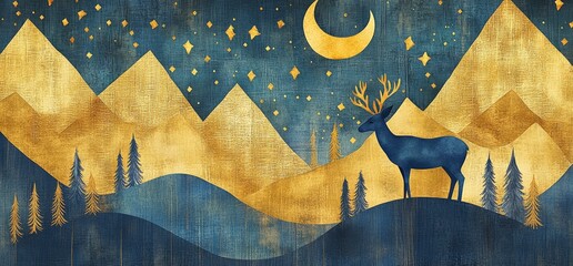 Sticker - A beautiful night sky with stars and a crescent moon, deer in the distance on hills covered by golden leaves