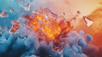 Fototapete - Explosive Scene of Fire and Ice in a Dynamic Abstract Background