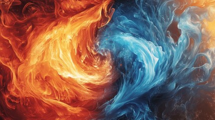 Poster - Fiery Orange and Cool Blue Abstract Swirl of Flames and Water