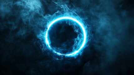 Poster - Glowing Blue Circular Light with Smoke Effect on Dark Background