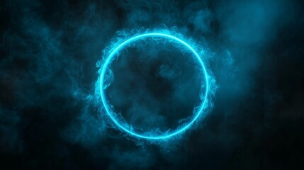 Fototapete - Bright Blue Circular Light Effect with Smoke and Dark Background